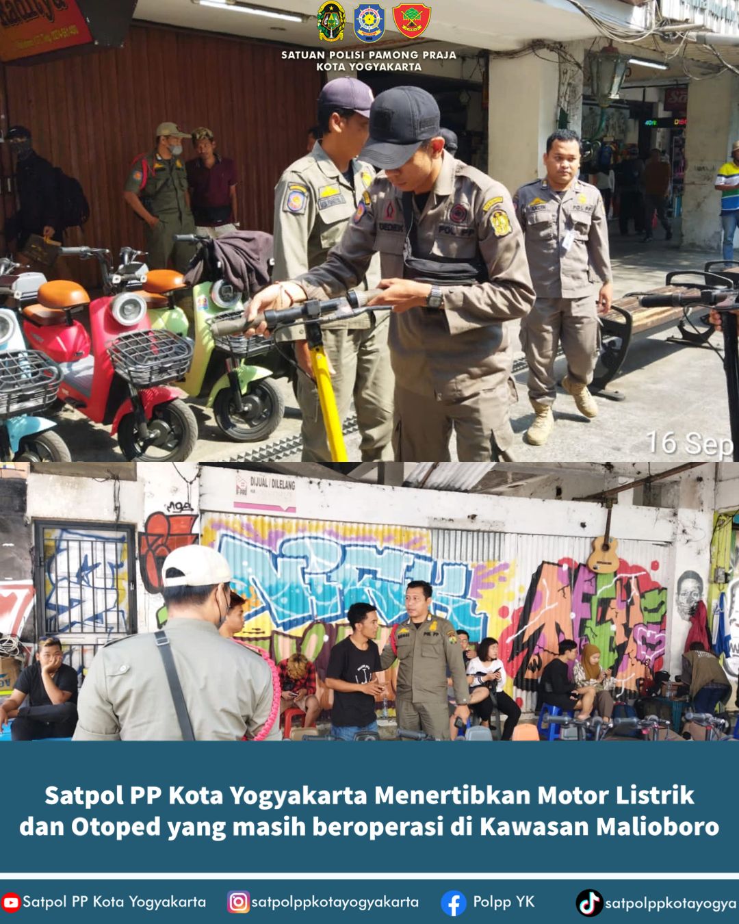 Satpol PP Kota Yogyakarta Menertibkan Motor Listrik dan Otoped yang masih beroperasi di Kawasan Malioboro.