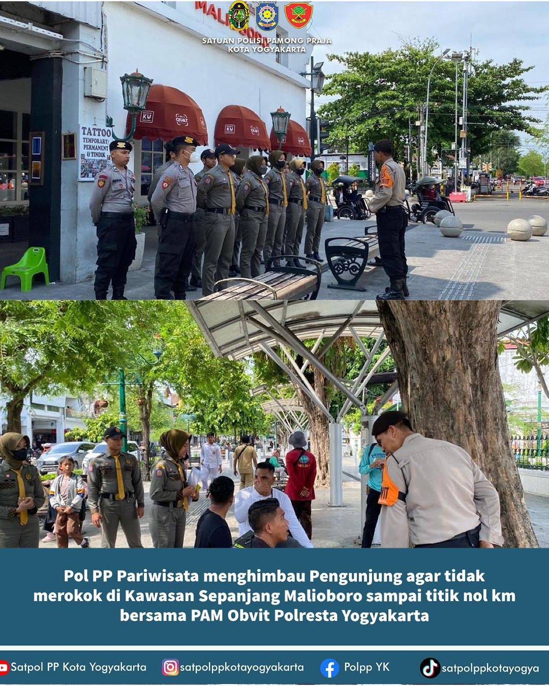 Pol PP Pariwisata Menghimbau Pengunjung Agar Tidak Merokok di Kawasan Sepanjang Malioboro Bersama PAM Obvit Polresta Yogyakarta