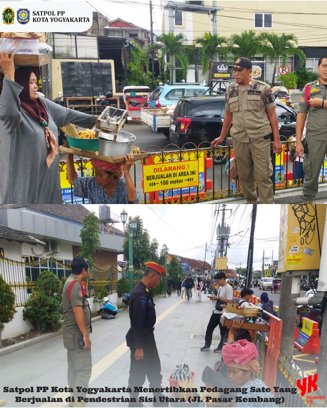Satpol PP Kota Yogyakarta Menertibkan Pedagang Sate Yang Berjualan di Pendestrian Sisi Utara (Jl. Pasar Kembang).