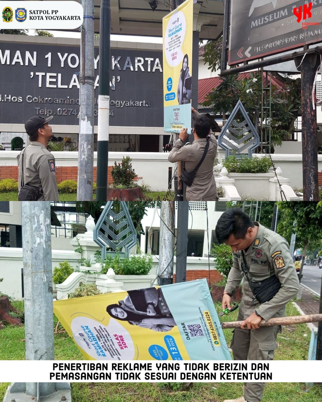 Satpol PP Kota Yogyakarta Menertibkan Reklame Ilegal di Jalan HOS Cokroaminoto